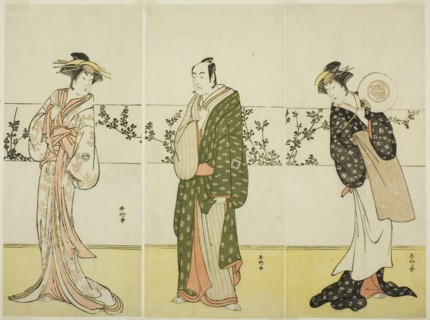 The Actors Osagawa Tsuneyo II (right), Ichikawa Monnosuke II (center), and Segawa..., c. 1785. Creator: Katsukawa Shunko.
