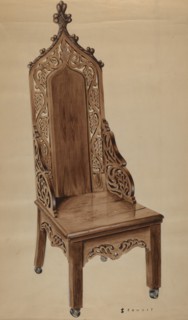 Chair with Carved Grape Leaf Decoration and Gothic Top, c. 1937. Creator: Robert Stewart.
