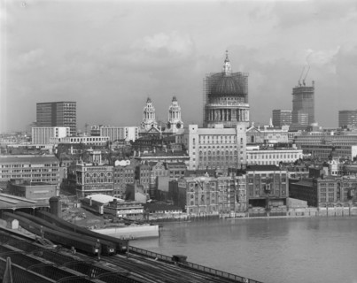 London skyline looking north-east from Blackfriars railway bridge, 03/03/1966. Creator: John Laing plc.