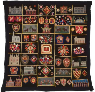 Quilt with Buildings, Animals, and Coats of Arms, New York, c.  1890.