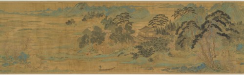 The Peach Blossom Spring ????, Late Ming (1368-1644) or early Qing (1644-1912) dynasty ??. An ink and color handscroll of a landscape scene, mountains in the background, a river in the foreground and ...