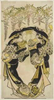 The Actors Sanjo Kantaro (right) and Fujimura Handayu (left) as musicians playing under wisteria, c. 1717/18.