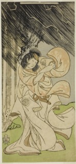 The Actor Yamashita Kinsaku II as a Thunder Goddess in the Play Onna Narukami, Performed at the Morita Theater in the First Month, 1770, c. 1770. Attributed to Katsukawa Shunsho.