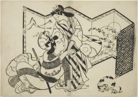 Lovers, a Cat, and a Mouse in front of a Folding Screen, c. 1684/98. Attributed to Sugimura Jihei.
