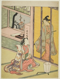 Young Man and Woman Talking through a Bamboo Blind, c. 1768. Attributed to Suzuki Harunobu.