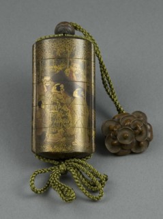 Inro Case Depicting the Seven Sages of the Bamboo Grove, 18th century. Lacquered container depicting sages wearing Chinese robes, grouped around a long scroll. A netsuke of carved mushrooms is attache...