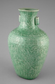 Jar with Tubular Handles, Peonies, 'Endless Knot,' Pendant Balls, and Pendant Lozenges, Qing dynasty (1644-1911), Qianlong reign mark and period (1736-1795). Green glazed vessel decorated with floral ...