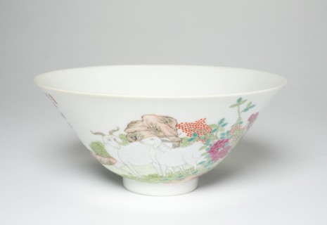 Bowl with Goats among Flowering Peonies, Pomegrenates, and Cherry Blossoms, Qing dynasty (1644-1911), Daoguang reign mark and period (1821-1850).