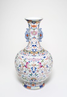 One of a pair of famille-rose 'lotus' bottle vases, Qing dynasty (1644-1911), Qianlong reign mark and period (1736-1795).