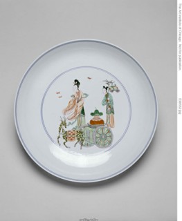 One of a Pair of Dishes with the Daoist Female Immortal Magu and Attendant with Deer Cart, Qing dynasty (1644-1911), Kangxi period (1662-1722).