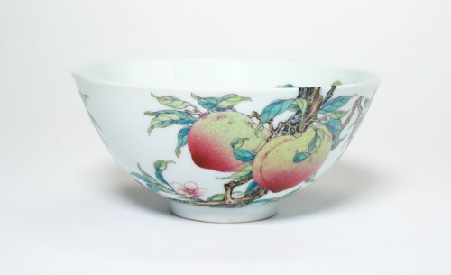 Bowl with Fruiting Peaches, Tree Peony, Flowering Plum, and Bats, Qing dynasty (1644-1911), Yongzheng reign mark and period (1723-1735).