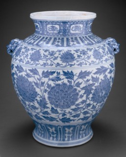 Jar with Lotus and Peony Scrolls and Lion-Mask Handles, Ming dynasty (1368-1644), inscription dated 1437.