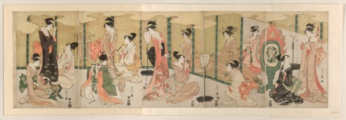 Parody of The Book of Joruri, c. 1789/1801. Musicians playing the drum, flute, sho and koto.