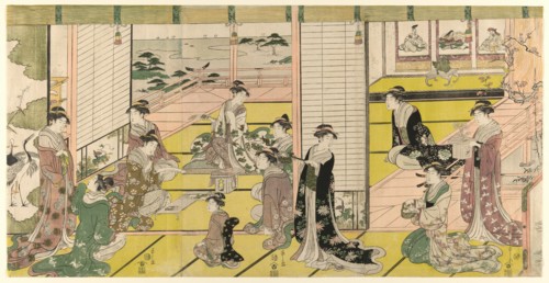 A Woman's Poetry Party, c. 1793. In the alcove at top right are hanging scroll paintings depicting ancient poets: Kakinomoto no Hitomaro, Yamabe no Akihito and Sotori.