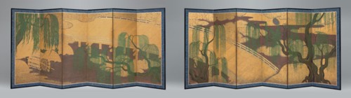 Willow Bridge and Waterwheel, c. 1650. Pair of six-panel folding screens depicting a scene at Uji, an area of great spiritual significance in Japan. The curved bridge, willow trees, waterwheel, traili...
