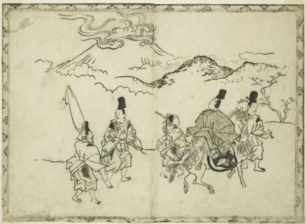 Narihira's Eastern Journey, from the illustrated book "Panorama of Paintings on Screens and Hanging Scrolls (Byobu kakemono ekagami)", 1682.