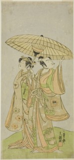 The Actors Ichikawa Komazo II as Chunagon Yukihira (right), and Iwai Hanshiro IV as Murasame (left), in the Play Kuni no Hana Ono no Itsumoji, Performed at the Nakamura Theater in the Eleventh Month, ...