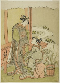 The Actors Nakamura Tomijuro I as Enju Disguised as the Shirbyoshi Gio (right), and Nakamura Noshio I as Goo Disguised as Hotoke Gozen (left), in the Play Miyako-zome Gio Katsugi, Performed at the Mor...
