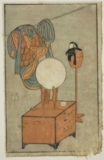 Actor's dressing table, from "A Picture Book of Stage Fans (Ehon butai ogi)", 1770.