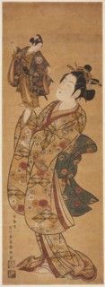 The Actor Onoe Kikugoro I holding a puppet of the Actor Sanogawa Ichimatsu I, c. 1740s.