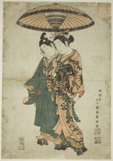 The Actors Sanogawa Ichimatsu I and Segawa Kikunojo I as lovers under an umbrella, c. 1740s.