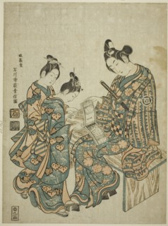 The Actor Sanogawa Ichimatsu I looking at a guidebook to the pleasure quarters, c. 1750.