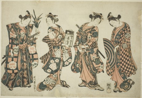 The Actors Sanogawa Ichimatsu (right), Nakamura Kiyosaburo (center right), Sanogawa Senzo (center left), and Nakamura Kumetaro (left), c. 1750.