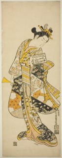 Standing Geisha, c. 1748. Woman on her way to her a music lesson. She holds a practice book for a narrative musical (joruri), and a plectrum (bachi) for playing the shamisen.