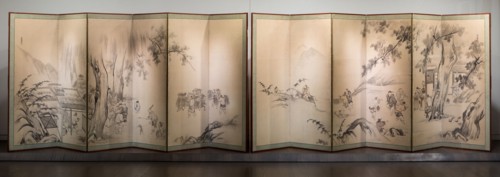 Monkey Trainers and Scenes of Chinese Life, 17th century. Pair of six-panel Japanese folding screens depicting rural scenes.