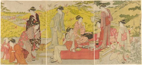 Picnic Party at Hagidera, c. 1785/95. Women and children relax on a day out: trying to catch a cricket to put in a cage; smoking a kiseru, playing the shamisen.