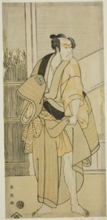 The Actor Ichikawa Monnosuke II as Hiranoya Tokubei (?) in the Play Waka Murasaki Edokko Soga (?), Performed at the Ichimura Theater (?) in the Third Month, 1792 (?), c. 1792.