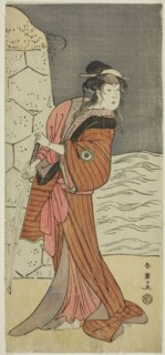 The Actor Iwai Hanshiro IV as Yaegushi no Oroku (?) in the Play Keisei Kogane no Hakarime (?), Performed at the Kawarazaki Theater (?) in the Third Month, 1792 (?), c. 1792.