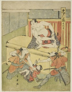 Act Ten: Amakawaya House from the play Chushingura (Treasury of the Forty-seven Loyal Retainers), c. 1795.