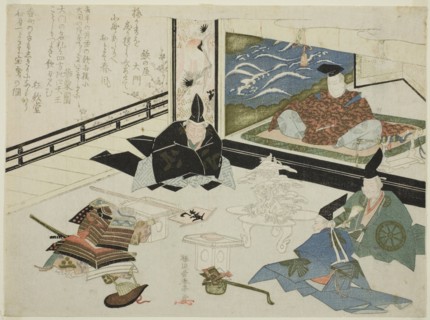 Watanabe no Tsuna receiving the sign post for Rashomon Gate from Minamoto no Yorimitsu, late 18th-early 19th century.