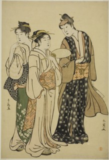 The Actor Iwai Hanshiro IV in Street Attire (by Shun'ei) Conversing with Two Women (by Shuncho), c. 1788.
