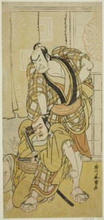 The Actors Nakamura Nakazo I as Tenjiku Tokubei (?) (right) and Bando Kumajuro as the Shopman Dempachi (?) (left), in the Play Keisei Katabira ga Tsuji (?), Performed at the Ichimura Theater (?) in th...