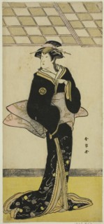 The Actor Nakamura Riko I as Lady Manko (Manko Gozen) (?) in the Play Soga Musume Choja (?), Performed at the Nakamura Theater (?) in the First Month, 1784 (?), c. 1784.