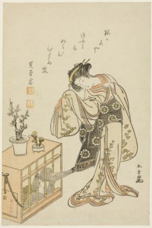 Young Woman with a Caged Monkey (Calendar Print for New Year 1776), Japan, 1776.