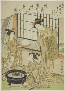 The Courtesan Sugawara of the Tsuruya House and Her Kamuro Namiji and Kashiko, Japan, 1771. [Kamuro were girls who attended the courtesans of the Yoshiwara. Brought into service between the ages of fi...