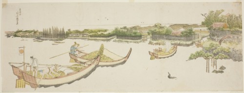 Boats transporting rice on the Sumida River, Japan, c. 1800/05.