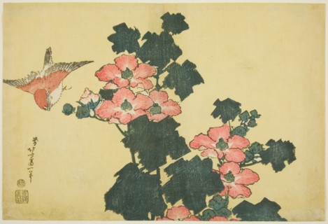 Cotton Roses and Sparrow, from an untitled series of Large Flowers, Japan, c. 1833/34.