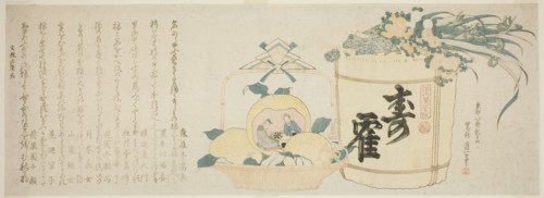 Keg of sake and basket of oranges, Japan, 1820.