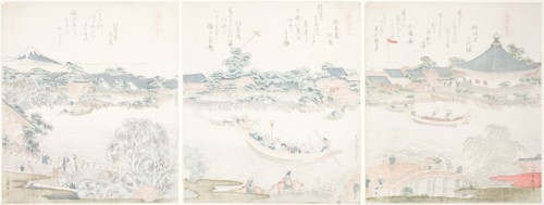 Komagata Hall and O-umaya River Bank, from the series "A Selection of Horses (Uma zukushi)", Japan, 1822.
