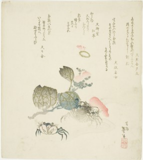 Two crabs by a spray of camellia, Japan, late 1820s-early 1830s.