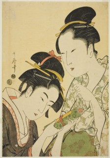 Okita and Ofuji, Japan, c. 1793/94. The once famous but now middle-aged beauty Ofuji, wearing a gingko-patterned robe, hands a scroll to the young waitress Naniwaya Okita. The scene is thought to symb...