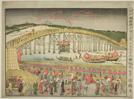 Enjoying the Evening Cool at Ryôgoku Bridge in Edo (Edo Ryogokubashi yusuzumi no kei), Japan, late 18th-early 19th century. People promenading on the bank of the Sumida River in what is now Tokyo. Not...