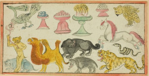 Page from a Manuscript with Images of Auspicious Animals and Offerings, Mongolia, 19th century.