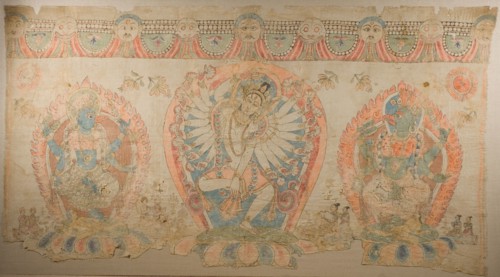Tantric Temple Banner of a Dancing Goddess Flanked by Dakinis, 17th century.