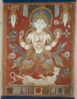 Double-Sided Painted Banner (Paubha) with God Shiva and Goddess Durga, 16th/17th century. The goddess Durga, dancing on a white snow lion,
