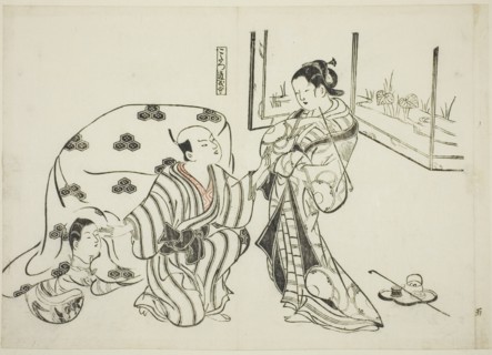 Kotatsu Dojoji, no. 5 from a series of 12 prints depicting parodies of plays, c. 1716/35. Scene from the legend of Musume Dojoji. The woman at left is crouching underneath a large kotatsu (quilt sprea...